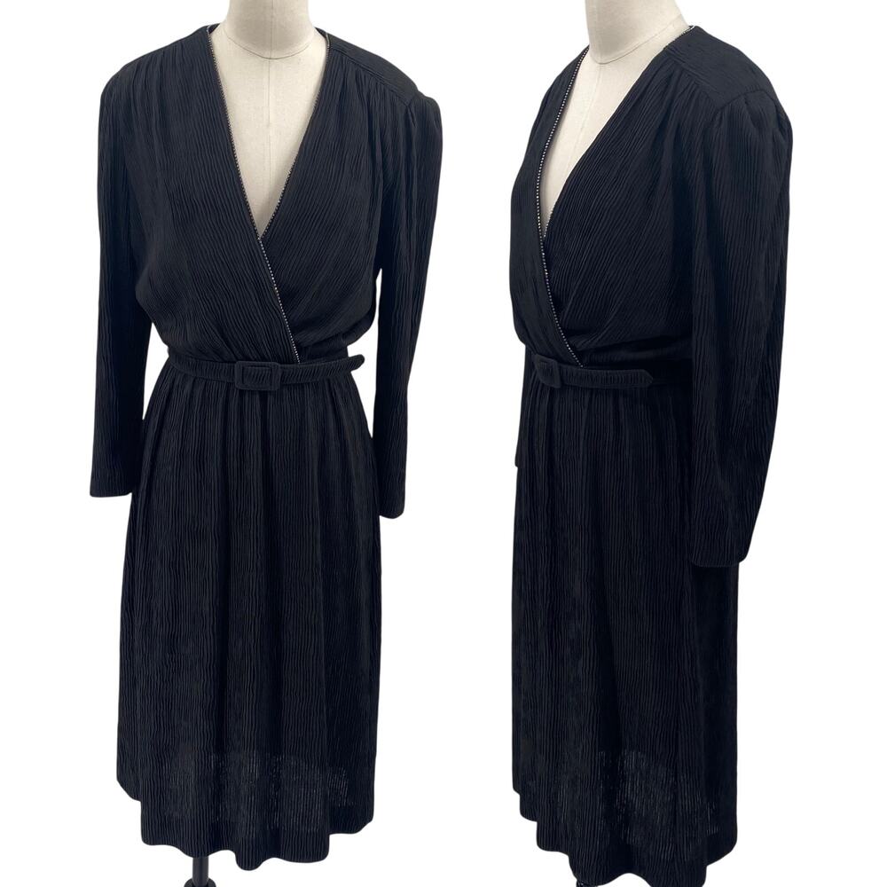 Vintage 70s 80s Rhinestone Neckline Pleated Faux Wrap Dress Belted Black